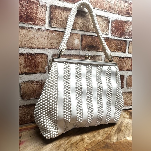 Vintage Lumured  1950s Ivory Beaded Leather Top Handle Handbag Purse - Picture 8 of 10